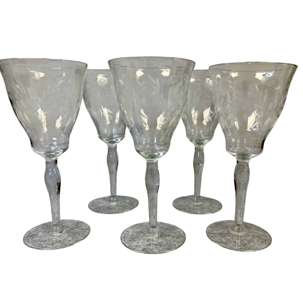Vintage Etched Floral Crystal Wine Goblets Set of 5‎ Clear Glass Stemware 7.25in